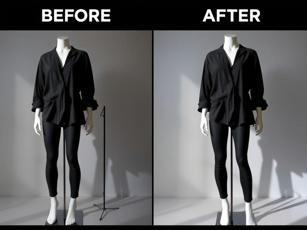 Before and after clothing product photos showing professional editing