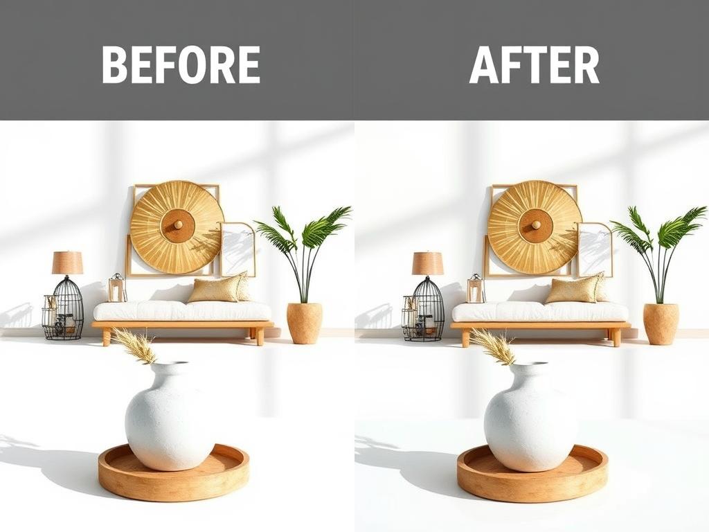 Before and after home decor product photos showing professional editing