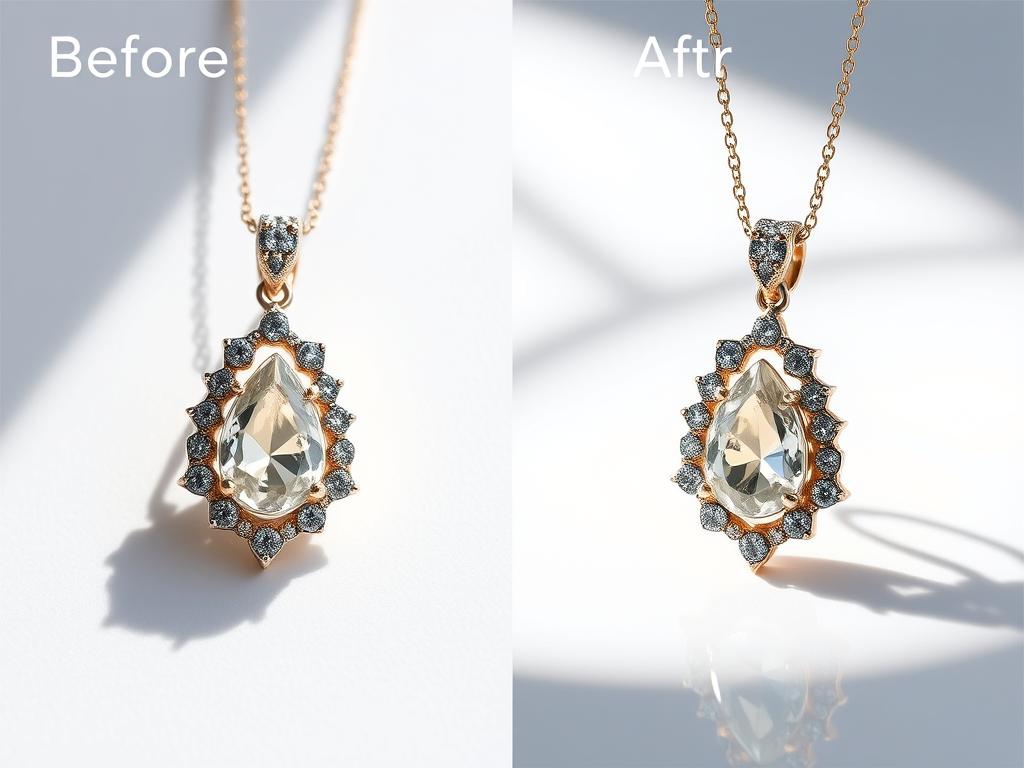 Before and after jewelry product photos showing professional retouching