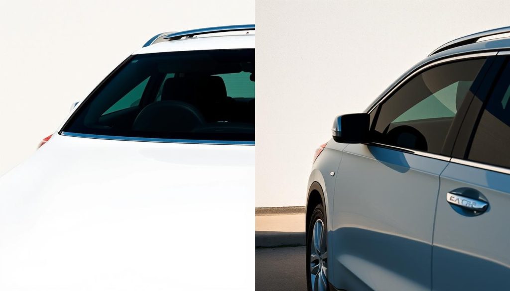 Before and after of SUV with shadow and reflection effects
