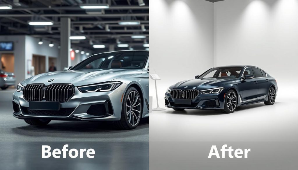 Before and after of luxury sedan with background replacement