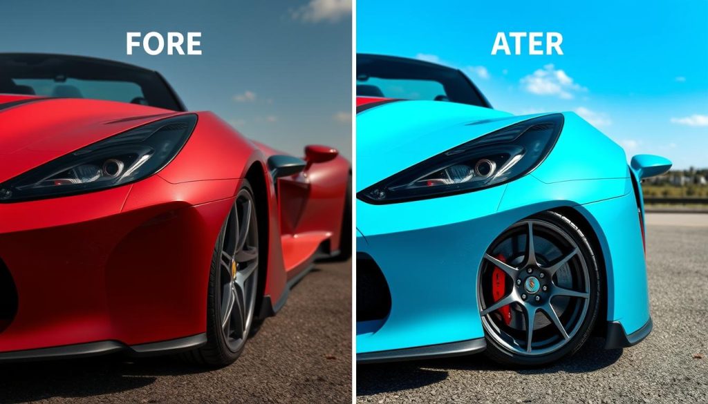 Before and after of sports car with color correction and retouching