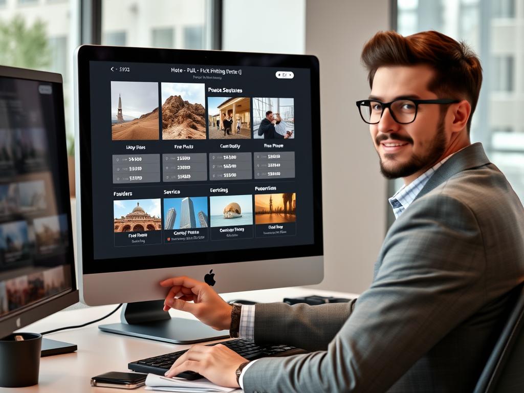 Business professional comparing different bulk photo editing service options on computer