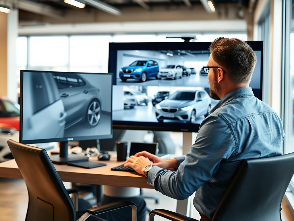 Car dealership owner reviewing professionally edited vehicle photos on computer