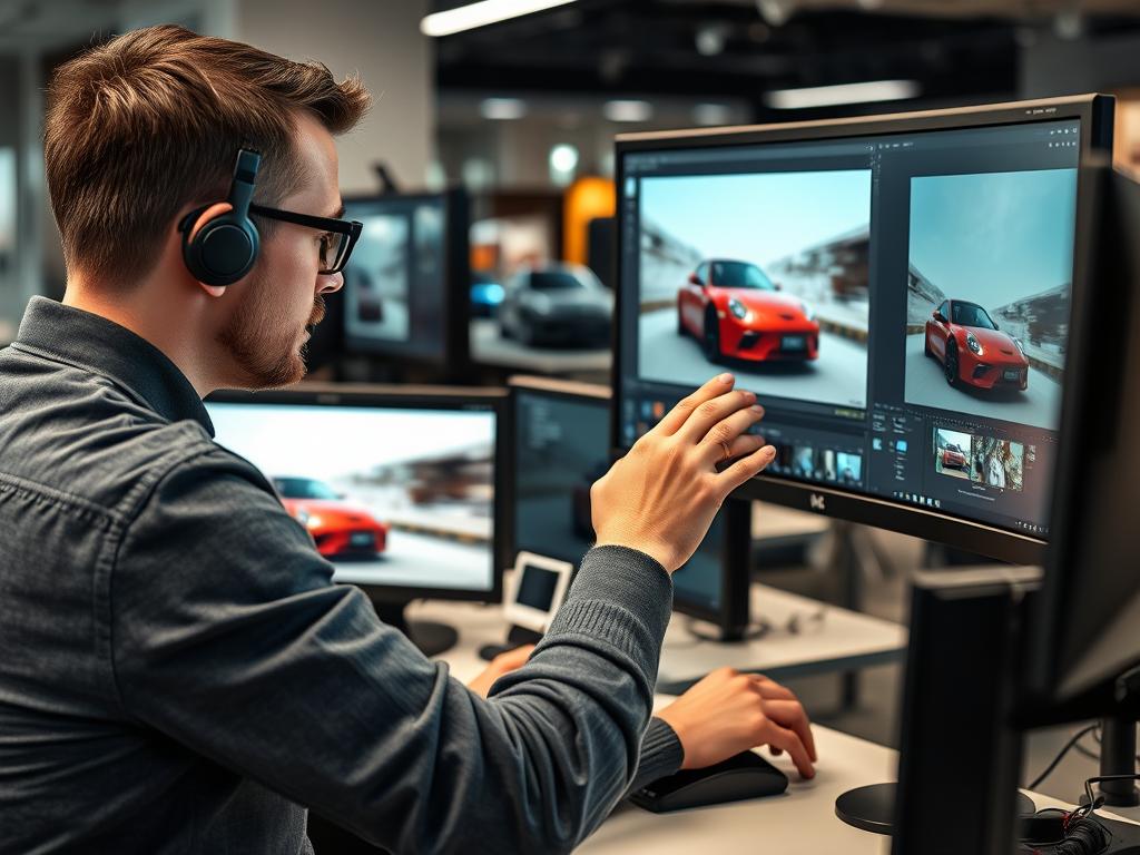 Photo editor assessing car images on computer