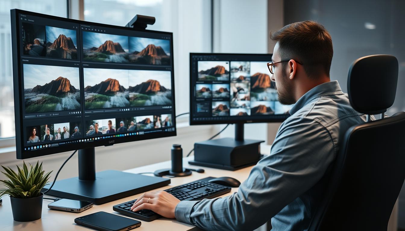 Professional editor working on multiple images simultaneously showing bulk photo editing service in action