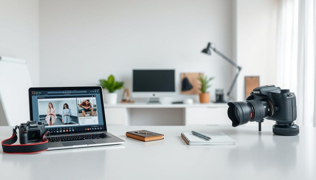 Best Photo Editing Companies For Ecommerce. 3 A minimalist, high-quality product photography scene showcasing professional ecommerce photo editing services. The foreground features a sleek, modern laptop displaying a photo editing software interface, accompanied by a stylish camera, various editing tools, and a clean white backdrop. The middle ground includes a neatly organized workspace with a clutter-free desktop, elegant stationery, and a subtle plant accent. The background softly blurs into a bright, airy studio setting with subtle natural lighting and clean, reflective surfaces, creating an atmosphere of efficiency, professionalism, and attention to detail.