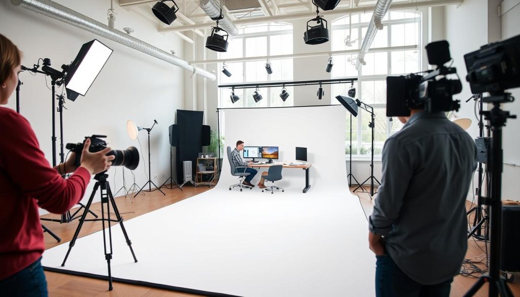 Best Photo Editing Companies For Ecommerce. 1 An e-commerce product photography studio with professional lighting and equipment. In the foreground, a model product on a clean white seamless background is being photographed by a photographer using a high-end DSLR camera. In the middle ground, a graphic designer is editing the raw image on a computer workstation with multiple monitors. In the background, the studio features high ceilings, large windows providing natural light, and various photography accessories and gear. The atmosphere is bright, clean, and focused, conveying a sense of efficiency and high-quality service for e-commerce photo editing.