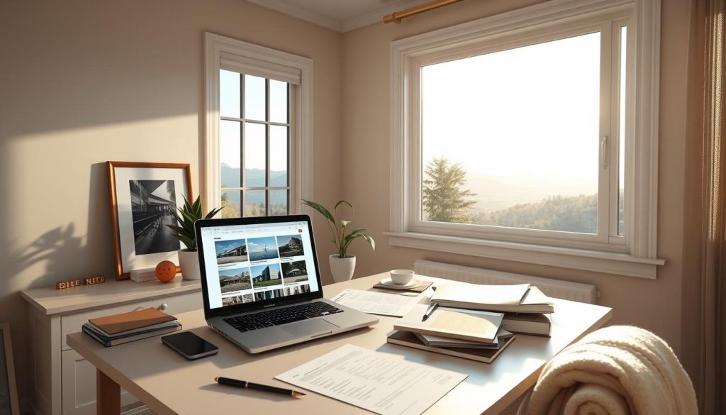 A bright, airy home office with a large window overlooking a scenic landscape. On the desk, various real estate-related documents and a laptop display property listings. Soft, natural lighting filters in, casting a warm glow on the workspace. Tasteful decor such as a potted plant, a framed art piece, and a cozy throw blanket add personal touches. The overall atmosphere is one of productivity, creativity, and attention to detail - the perfect setting for real estate editing and marketing.