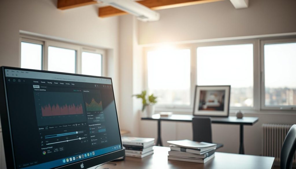 A bright, airy interior with natural lighting streaming through large windows. In the foreground, a desktop computer with editing software open, displaying various adjustment tools and sliders. In the middle ground, a stack of photography books and magazines, hinting at the owner's expertise. The background features minimalist decor - a sleek desk, a plant, and a framed photograph of a well-composed interior shot. The overall atmosphere conveys a sense of focus, creativity, and a professional approach to interior photography editing.