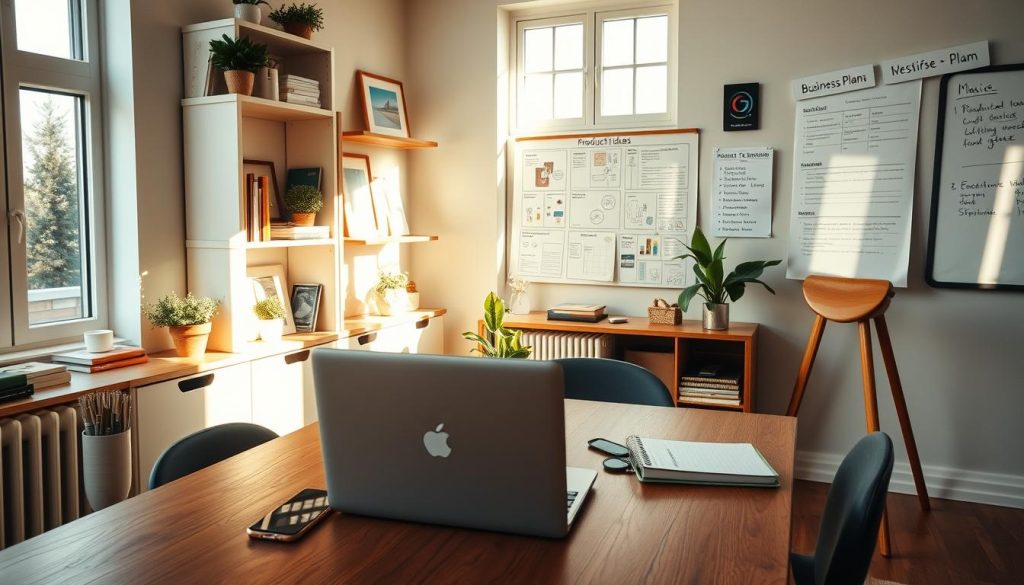 A cozy home office with a laptop, smartphone, and planner on a wooden desk. Soft, natural lighting filters through large windows, casting a warm, productive atmosphere. Shelves in the background hold books, small plants, and framed artwork, hinting at the owner's creativity and entrepreneurial spirit. A mood board on the wall showcases product ideas and market research, while a whiteboard displays a business plan and timeline. The overall scene conveys the thoughtful planning and vision required to launch a successful e-commerce venture.