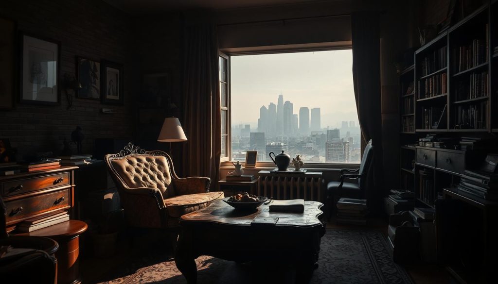 A dimly lit room with warm, moody lighting casting dramatic shadows across the scene. The camera is positioned low, capturing an expansive view of the cluttered, eclectic space - an ornate vintage armchair, a gnarled wooden coffee table, and a bookshelf overflowing with tomes in the foreground. In the middle ground, a large bay window frames a picturesque cityscape, while the background is shrouded in hazy, atmospheric darkness. The overall feeling is one of contemplative introspection, with the challenges of interior photography - uneven lighting, lack of space, and distracting elements - evident throughout the composition.