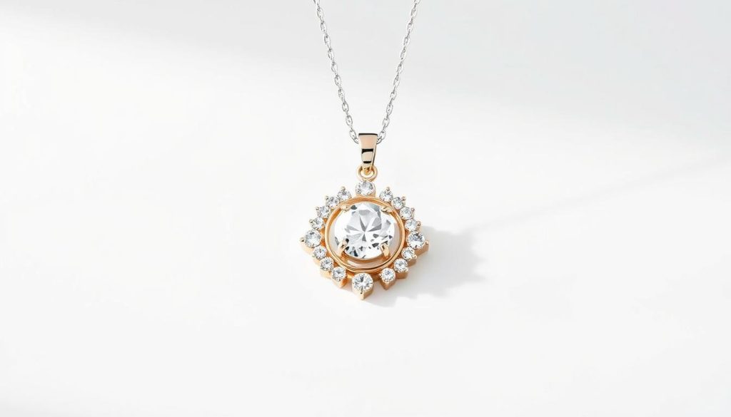 A high-quality, professionally edited jewelry photograph showcasing a stunning necklace or pendant against a crisp white background, with soft, even lighting that highlights the intricate details and sparkle of the precious metal and gemstones. The jewelry item is positioned at a slight angle, creating a sense of depth and dimension. The image conveys a sense of luxury, elegance, and attention to detail, perfectly capturing the essence of the featured jewelry piece.
