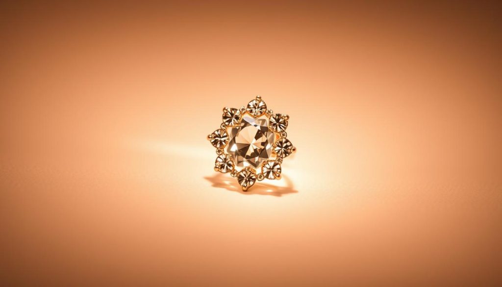A high-resolution, macro-scale image of a jewelry piece illuminated by advanced nano-precision lighting technology. The jewelry item is captured in sharp focus, with a soft, diffused lighting that creates a sense of depth and dimensionality. The lighting rig utilizes an array of precisely calibrated, miniaturized light sources to achieve a uniform, glare-free illumination, revealing the intricate details and textures of the jewelry. The background is a clean, neutral tone that allows the jewelry to be the sole focus of the image. The lighting has a warm, natural color temperature that complements the material of the jewelry, be it precious metals, gemstones, or other elements. The overall mood is one of technical sophistication and refined elegance.