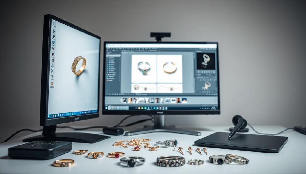 A jewelry editing workstation with a high-resolution monitor, a calibrated color-accurate display, and a stylus-equipped graphics tablet. In the foreground, various jewelry items - rings, necklaces, and earrings - are arranged neatly. The middle ground features image editing software with a layered workflow, displaying before and after shots of the jewelry pieces. Soft, even lighting illuminates the scene, creating a professional and focused atmosphere. The background showcases a neutral, minimalist studio setting, allowing the jewelry and editing tools to take center stage.