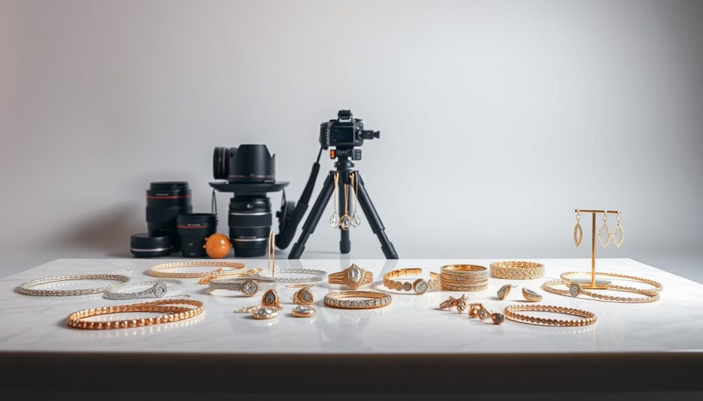 A luxurious and captivating jewelry photography setup in a modern and minimalist studio. The foreground features a stunning array of necklaces, earrings, and bracelets arranged on a sleek glass or marble surface, illuminated by soft, directional lighting that accentuates the sparkle and depth of the precious metals and gemstones. The middle ground showcases a high-end camera on a tripod, with various lenses and accessories nearby, hinting at the technical expertise required to capture these pieces. The background is a plain, neutral-colored wall or backdrop, allowing the jewelry to be the focal point and creating a sense of timeless elegance. The overall mood is one of sophistication, attention to detail, and a forward-looking vision for the future of jewelry photography.