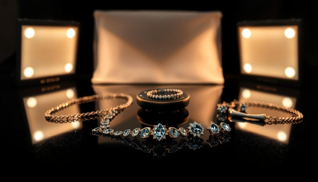 A meticulously arranged jewelry photography setup. In the foreground, an elegant black reflective surface serves as the backdrop, casting dramatic shadows. Positioned above, a trio of soft-white LED panels illuminate the scene with a warm, diffused glow. In the middle ground, a high-quality macro lens captures the intricate details of a necklace, bracelet, and earrings, highlighting their lustrous gemstones and precious metal finishes. The overall mood is one of refined sophistication, guiding the viewer's eye to appreciate the craftsmanship and beauty of the displayed jewelry.