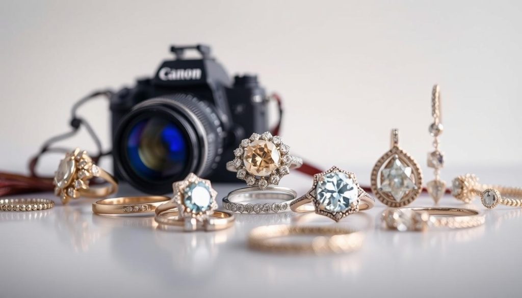A meticulously crafted jewelry image, captured in a soft, diffused light. The foreground features a selection of exquisite rings, necklaces, and earrings, showcasing their intricate designs and sparkling gemstones. The middle ground showcases a high-quality, professional-grade camera, hinting at the technical expertise required to capture these stunning pieces. The background is a clean, neutral backdrop, allowing the jewelry to take center stage and captivate the viewer. The overall mood is one of elegance, sophistication, and attention to detail, perfectly encapsulating the essence of the "The Impact of High-Quality Images on Jewelry Sales" section.