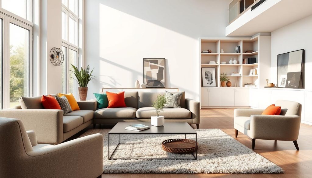 A modern, airy living room with natural light streaming through large windows, showcasing the benefits of virtual staging. In the foreground, a stylish couch and armchair arrangement, tastefully decorated with colorful throw pillows and a plush area rug. The middle ground features a sleek coffee table with a potted plant and a few magazines, while the background depicts a minimalist, built-in bookshelf filled with art pieces and decorative items. The overall atmosphere is warm, inviting, and visually appealing, highlighting how virtual staging can transform an empty space into a visually captivating and aspirational real estate listing.