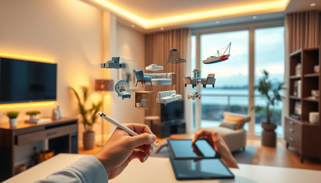 A modern home office workspace with a desktop computer, monitor, and stylish office accessories. The room is bathed in warm, diffused lighting, creating a cozy, productive atmosphere. In the foreground, a person is using a digital pen and tablet, actively engaged in the virtual staging process. The middle ground features 3D models of furniture and decor, hovering in a visually engaging manner. The background showcases a large window with a serene outdoor view, blending the digital and physical realms. The overall scene conveys the seamless integration of technology and interior design, reflecting the power of virtual staging for professional real estate listings.