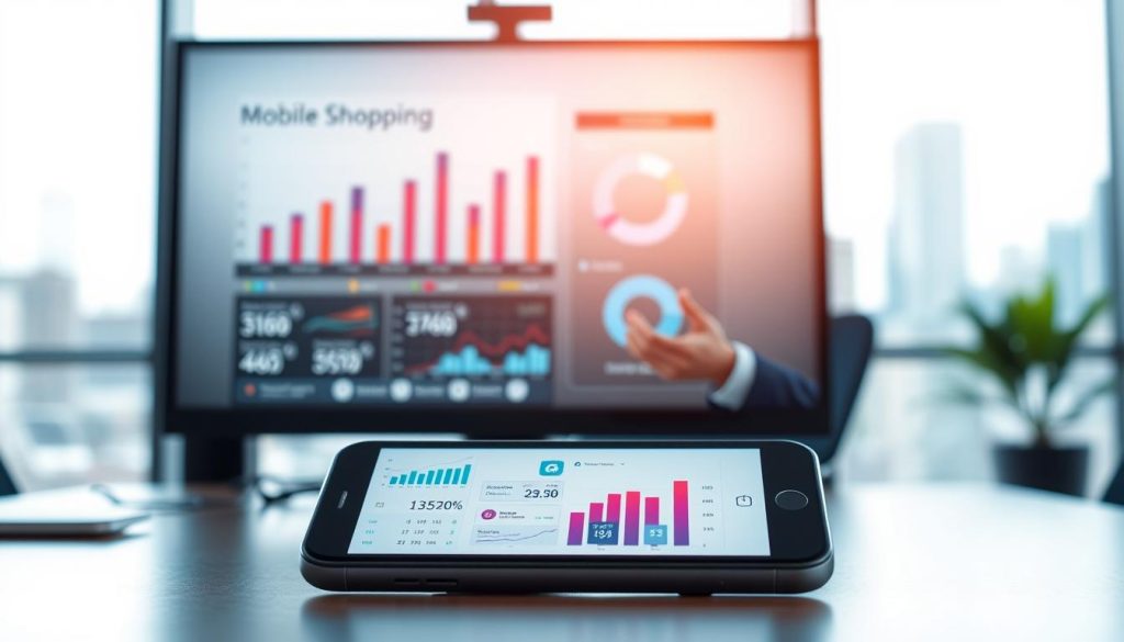 A modern office workspace with a large desktop monitor displaying mobile shopping statistics. In the foreground, a smartphone with a shopping app open, showcasing various colorful charts and graphs. The middle ground features a businessman in a suit, gesturing towards the data on the screen. The background has a blurred city skyline through a window, conveying a sense of technology and urban progress. The lighting is soft and natural, creating a professional and informative atmosphere. The camera angle is slightly elevated, providing a clear view of the displayed information.