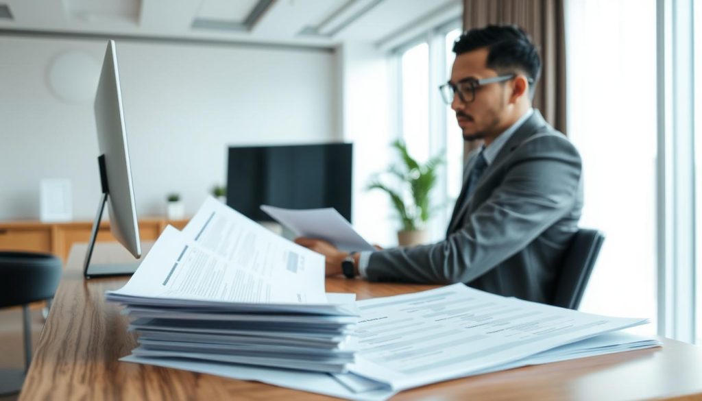 A modern, well-lit office interior with a wooden desk and computer. In the foreground, documents and forms are spread out, representing the business registration process. A businessperson is seated at the desk, reviewing the paperwork with a focused expression. The background features minimalist decor, clean lines, and large windows providing natural lighting. The scene conveys a sense of professionalism, organization, and the importance of properly establishing a new business.