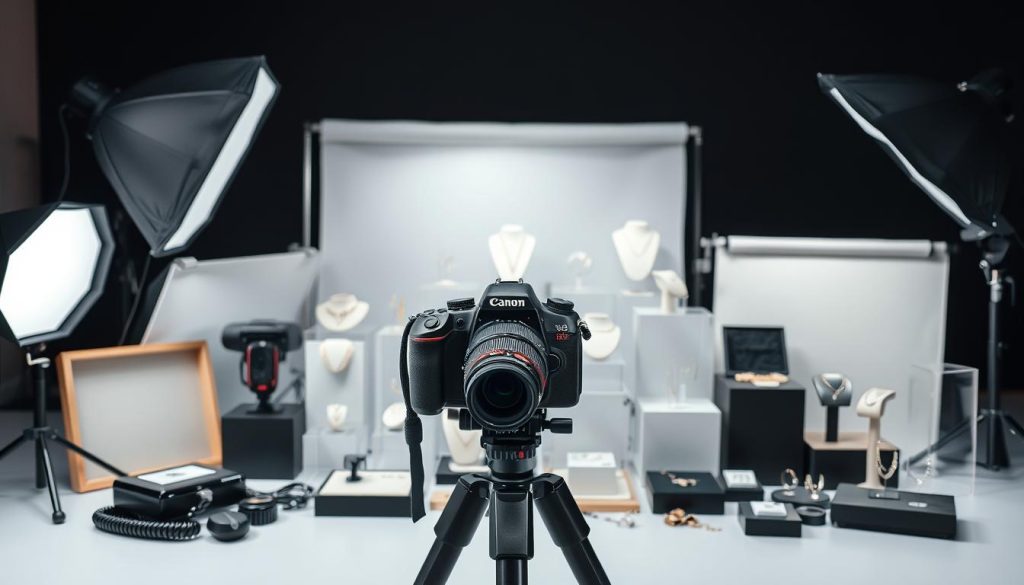 A neatly arranged still life featuring a variety of high-quality jewelry photography equipment. In the foreground, a professional-grade DSLR camera with a macro lens rests on a sturdy tripod. Surrounding it are various lighting accessories, including softboxes, reflectors, and a flash unit. In the middle ground, an array of jewelry props and platforms, such as acrylic display stands and seamless backdrops, are meticulously placed. The background is dimly lit, creating a sense of depth and focus on the key photographic elements. The overall scene conveys a sense of precision, attention to detail, and the specialized tools required to capture stunning jewelry images for e-commerce.