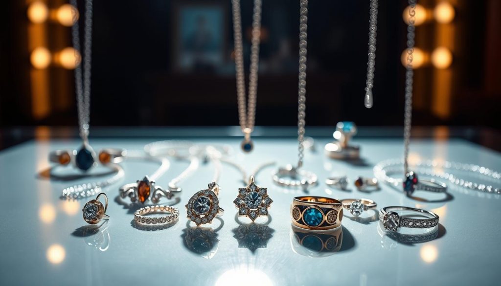 A professional jewelry photography setup featuring a variety of high-end necklaces, earrings, and rings artfully arranged on a sleek, reflective glass surface. Dramatic studio lighting creates captivating shadows and highlights, emphasizing the intricate craftsmanship and brilliance of the jewelry. The foreground showcases the jewelry in sharp focus, while the background is softly blurred, drawing the viewer's attention to the stunning pieces. The overall mood is one of sophistication, luxury, and attention to detail, perfectly capturing the essence of contemporary jewelry photography.