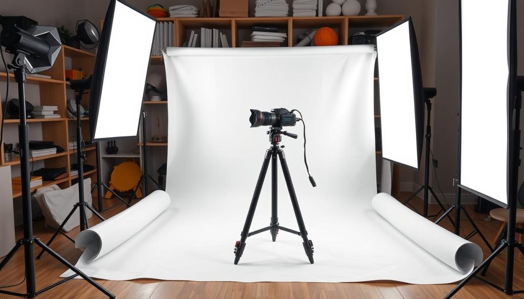 A professional photography studio setup with essential equipment for mobile-optimized Amazon product images. A lightweight portable backdrop stands in the foreground, with soft white paper roll unrolled across it. In the middle ground, a DSLR camera is mounted on a sturdy tripod, with a macro lens and ring flash attached. Powerful LED panels provide even, shadowless illumination from the sides. In the background, shelves hold various props, reflectors, and diffusion materials. The overall scene conveys a sense of organized efficiency, ready to capture high-quality, Amazon-ready product shots.
