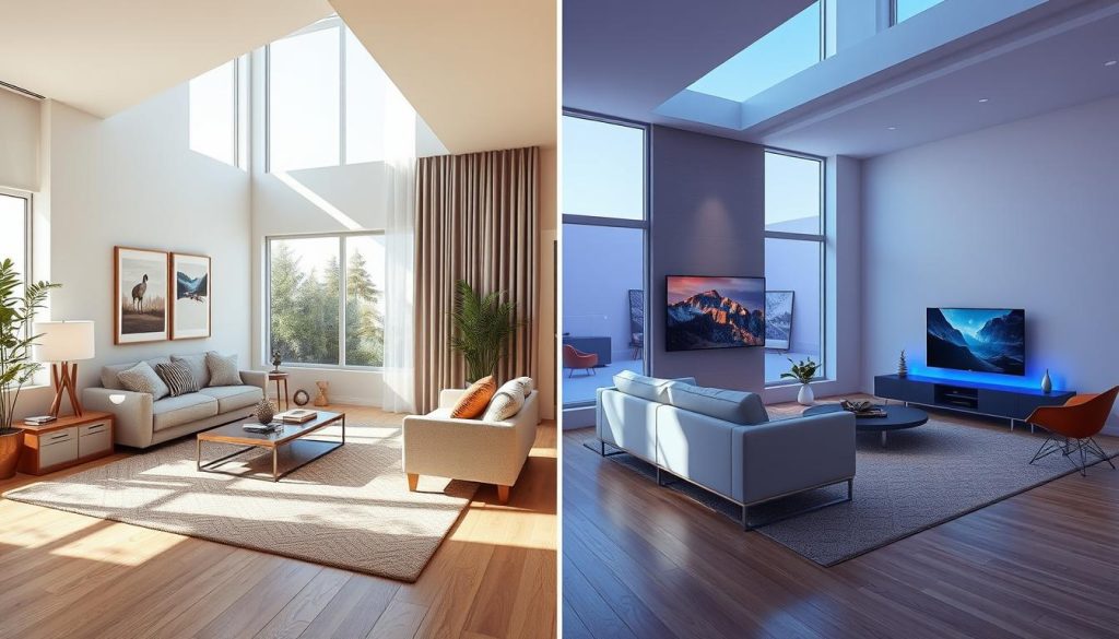 A spacious, modern living room featuring two side-by-side home staging setups. On the left, a traditional staging with plush furnishings, artwork, and decor creating a warm, lived-in ambiance. On the right, a virtual staging with sleek, minimalist furniture, digital artworks, and ambient lighting for a contemporary, technology-driven aesthetic. The two scenes are illuminated by natural light filtering through large windows, accentuating the contrast between the analog and digital staging approaches. A subtle sense of depth and perspective guides the viewer's gaze, inviting comparisons between the traditional and virtual staging experiences.
