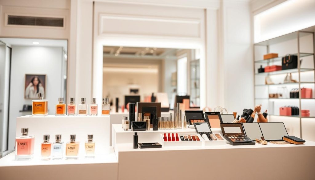A stylish product display showcasing an array of high-end cosmetics and beauty accessories. The foreground features a minimalist white display stand with carefully arranged perfume bottles, lipsticks, and makeup palettes. Soft, indirect lighting illuminates the products, creating a warm, inviting atmosphere. The middle ground includes a sleek, mirrored backdrop that reflects the items, adding depth and visual interest. The background is a clean, elegant space with white walls and subtle textures, allowing the merchandise to be the focal point. The overall composition exudes a sense of luxury, sophistication, and attention to detail, perfectly capturing the essence of a high-end visual merchandising display.