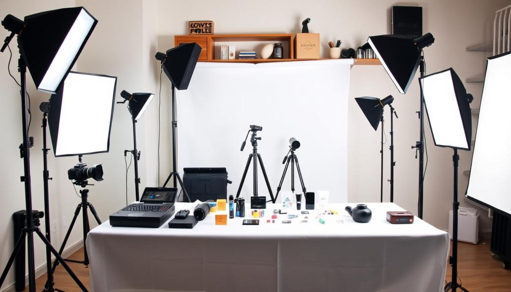 A well-lit and organized DIY product photography studio setup. In the foreground, a tabletop covered with a white seamless backdrop, showcasing a variety of small products. Positioned around the table are several adjustable LED lighting panels, softboxes, and reflectors, creating even, shadowless illumination. In the middle ground, a neutral-colored wall serves as a simple background. In the background, shelves holding additional photography equipment, including a DSLR camera with a macro lens, tripod, and various props. The overall scene conveys a professional, yet approachable, atmosphere suitable for capturing high-quality, mobile-optimized product images.