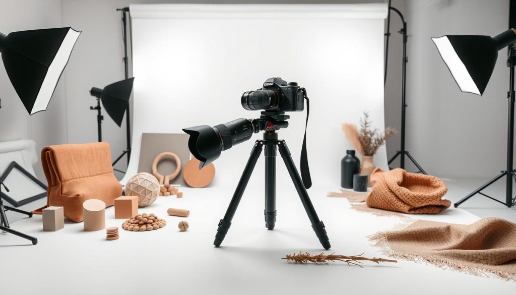 A well-lit and organized product photography workspace. In the foreground, a smooth white backdrop and various props like geometric shapes, textured fabrics, and natural elements. In the middle, a sturdy tripod-mounted DSLR camera with a macro lens, capturing the products from multiple angles. The background features soft, diffused lighting from softboxes, creating an even, shadowless illumination. The overall mood is clean, minimalist, and focused, allowing the products to take center stage.