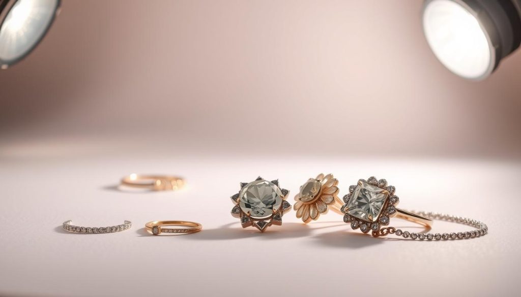 A well-lit jewelry photography setup with a soft, diffused light illuminating the foreground. A smooth, seamless backdrop in a neutral color stands behind the jewelry, allowing the pieces to take center stage. Carefully positioned key and fill lights create dimensional shadows, highlighting the intricate details and facets of the jewelry. A high-quality macro lens captures the jewelry at a close, detailed angle, showcasing the sparkle and shine. The overall setup conveys a sense of elegance, professionalism, and attention to detail, perfectly suited for an article on retouching jewelry images for better sales.