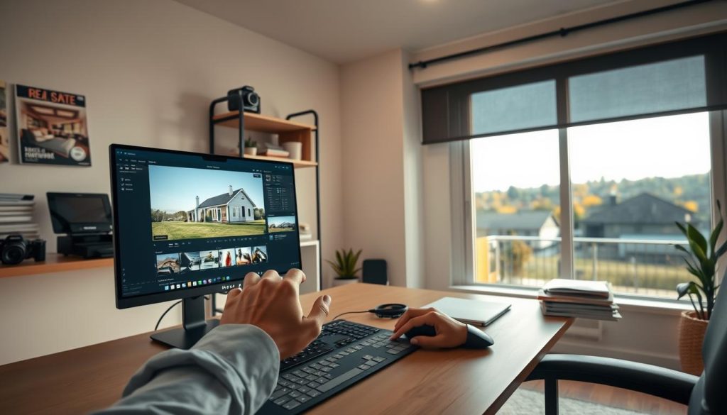 A well-lit, modern home office with a large computer monitor, keyboard, and mouse. In the foreground, a person's hands carefully editing real estate photos on the screen, adjusting contrast, color, and composition. The middle ground features shelves with real estate magazines, a camera, and a stack of documents. The background showcases a large window overlooking a scenic suburban neighborhood, with warm, natural lighting filtering in. The overall atmosphere conveys a sense of focus, attention to detail, and the critical importance of high-quality visual content in real estate marketing.