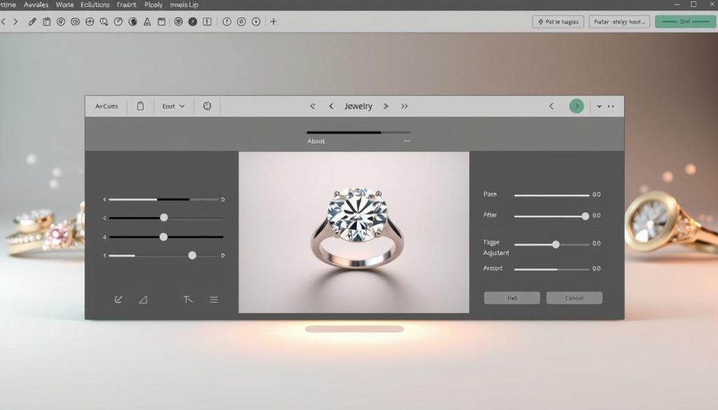 An elegantly designed software interface showcasing a range of jewelry retouching tools. In the foreground, a high-resolution image of a diamond ring is displayed, with intuitive sliders and adjustment panels surrounding it. The middle ground features a clean, minimalist layout with a muted color palette, allowing the jewelry to take center stage. Sophisticated lighting casts a soft, warm glow, enhancing the shine and brilliance of the gemstone. In the background, subtle 3D models of other jewelry pieces hint at the software's comprehensive capabilities. The overall atmosphere conveys a sense of precision, professionalism, and the transformative power of digital retouching for the jewelry industry.