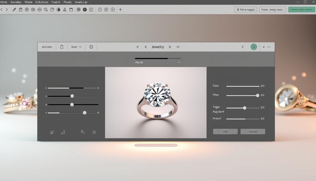 An elegantly designed software interface showcasing a range of jewelry retouching tools. In the foreground, a high-resolution image of a diamond ring is displayed, with intuitive sliders and adjustment panels surrounding it. The middle ground features a clean, minimalist layout with a muted color palette, allowing the jewelry to take center stage. Sophisticated lighting casts a soft, warm glow, enhancing the shine and brilliance of the gemstone. In the background, subtle 3D models of other jewelry pieces hint at the software's comprehensive capabilities. The overall atmosphere conveys a sense of precision, professionalism, and the transformative power of digital retouching for the jewelry industry.
