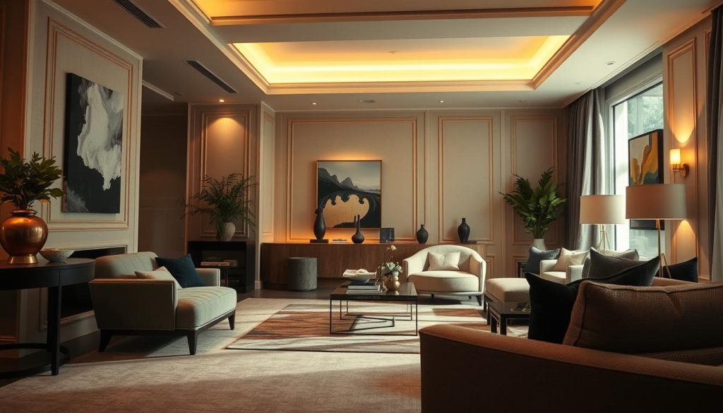 An elegantly lit interior space, bathed in warm, soft lighting that accentuates the rich textures and colors of the furnishings. The camera captures the scene from a low, slightly angled perspective, drawing the viewer's eye through the frame and highlighting the harmonious balance of the design elements. Muted hues of beige, gray, and taupe create a soothing, sophisticated palette, while strategic pops of accent colors, such as deep blues or earthy greens, add depth and visual interest. The overall mood is one of calm, refined sophistication, inviting the viewer to imagine themselves immersed in this beautifully curated environment.