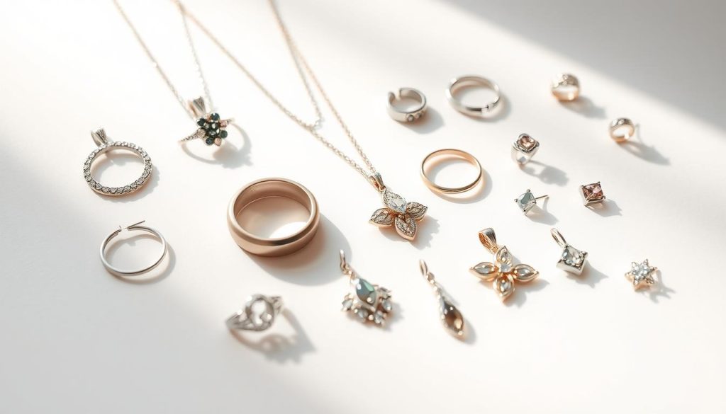 Elegant jewelry pieces arranged artfully on a clean, white background. Diffused natural lighting from the side, creating soft shadows and highlights that accentuate the intricate designs. A collection of delicate rings, pendants, and earrings neatly displayed, inviting close inspection. The overall mood is one of refined sophistication, drawing the viewer's attention to the fine craftsmanship and attention to detail in each piece. The composition is balanced and visually appealing, showcasing the jewelry in a way that would inspire confidence in potential e-commerce customers.