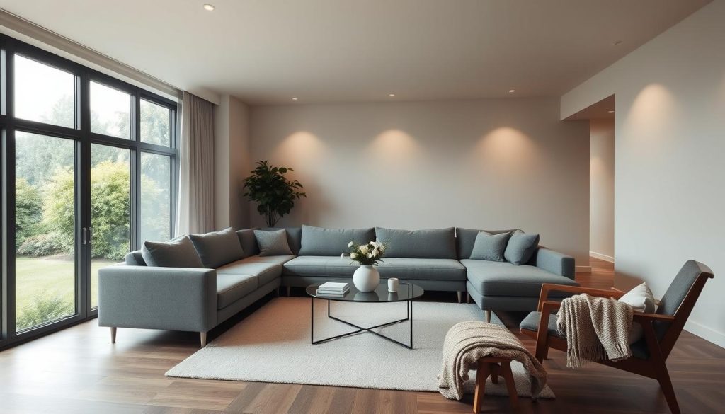 a virtual home staging of a modern living room with a large window overlooking a lush garden, soft indirect lighting illuminating the space, a comfortable grey sectional sofa, a glass coffee table with a minimalist floral centerpiece, and a mid-century modern armchair with a plush throw blanket, all set against a neutral color palette that creates a warm and inviting atmosphere, captured with a wide-angle lens to showcase the room's depth and spaciousness